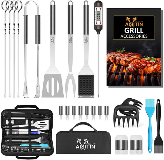 AISITIN  25 PCS Grill Accessories BBQ Tools Set with Spatula Tongs Skewers for Barbecue Camping Kitchen