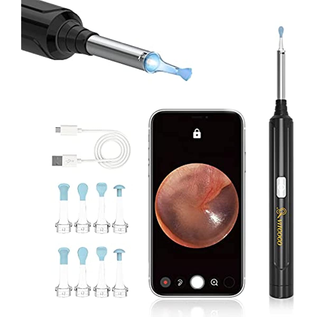 VITCOCO Ear Wax Removal Kit Ear Camera 1296P High-Definition Earwax Cleaner Portable USB Charging Visible 6 LED Otoscope for Android, iPhone, Ipad