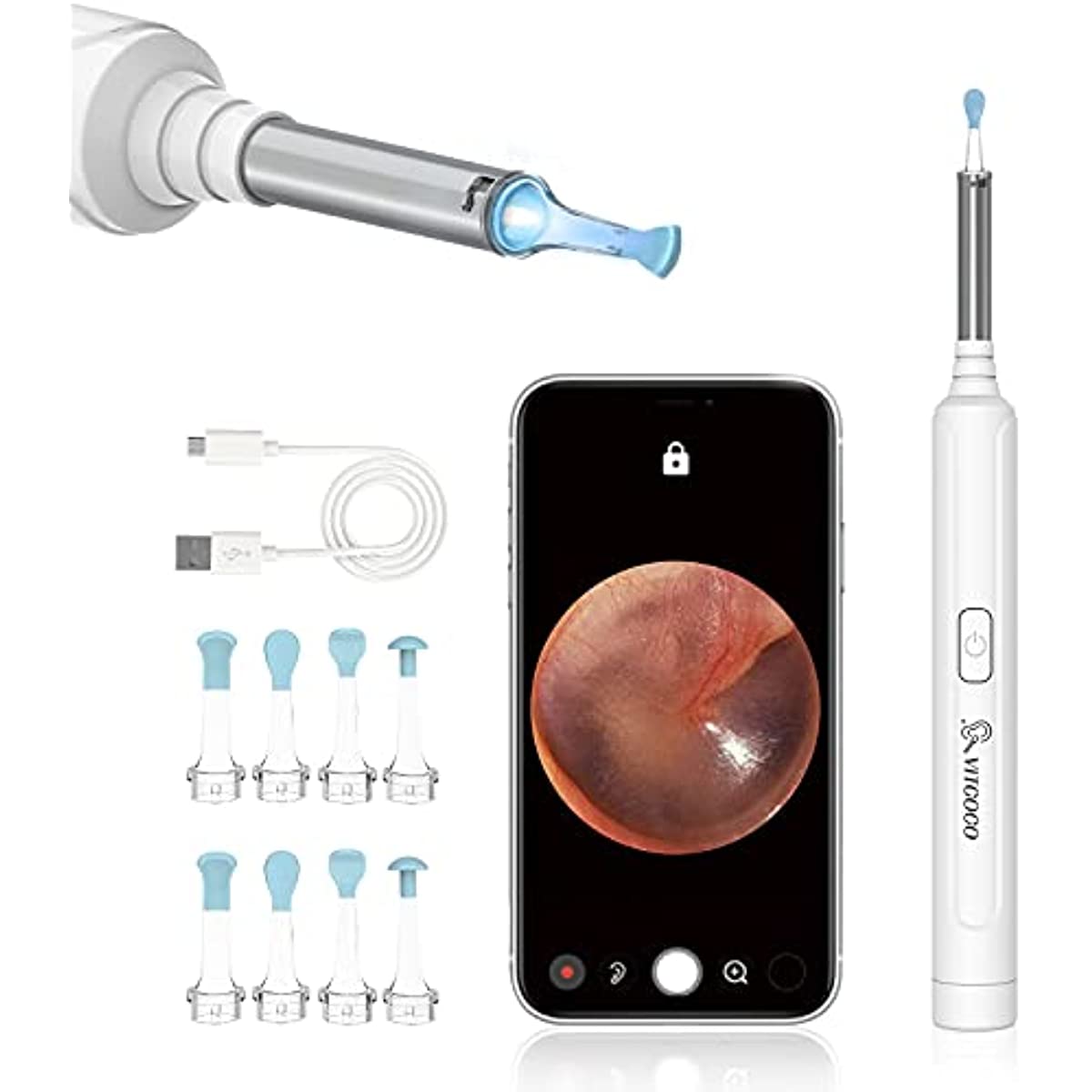VITCOCO Ear Wax Removal Kit Ear Camera 1296P High-Definition Earwax Cleaner Portable USB Charging Visible 6 LED Otoscope for Android, iPhone, Ipad